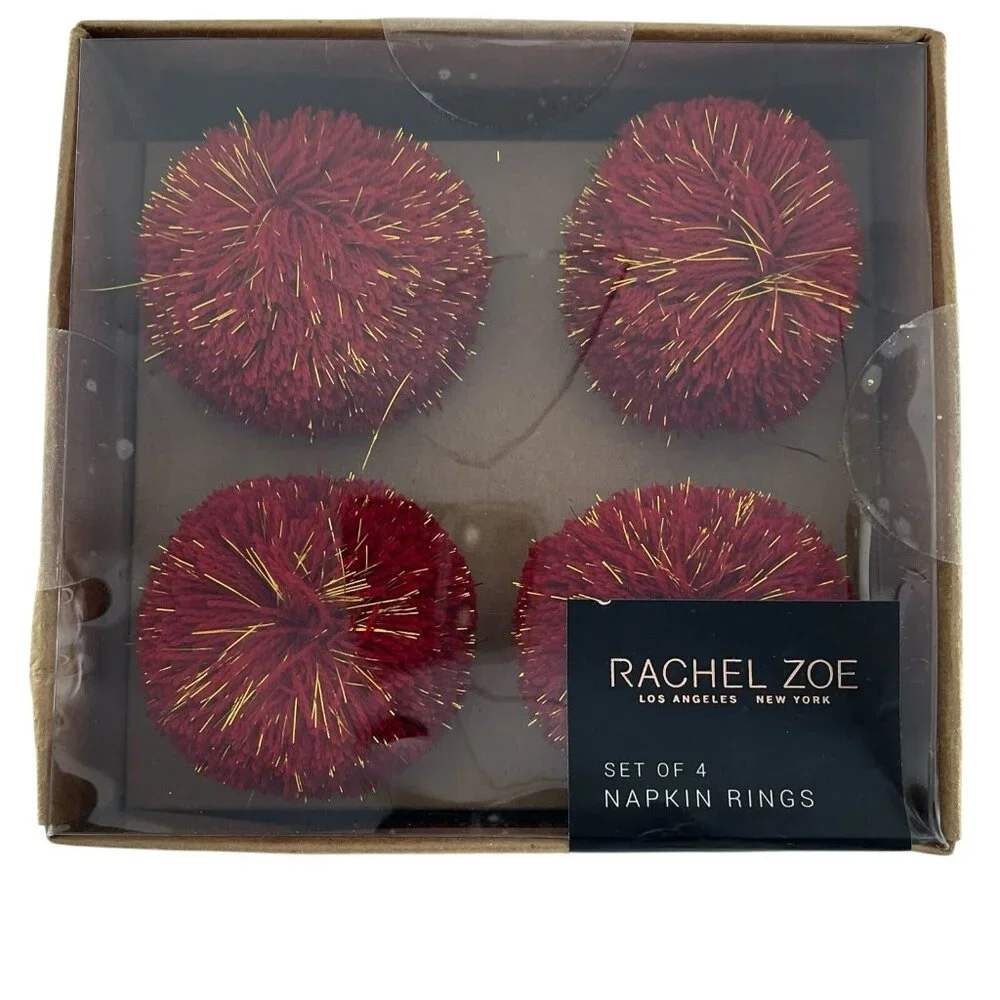 Rachel Zoe Holiday Napkin Rings Red Pom Pom Gold Metallic Threads‎ Set Of 4